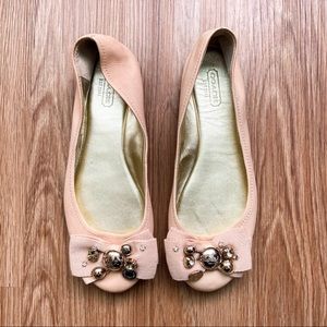 Coach Leather Lexi Pink Ballet Flats Silver Embellished Bow Women Ballerina Shoe